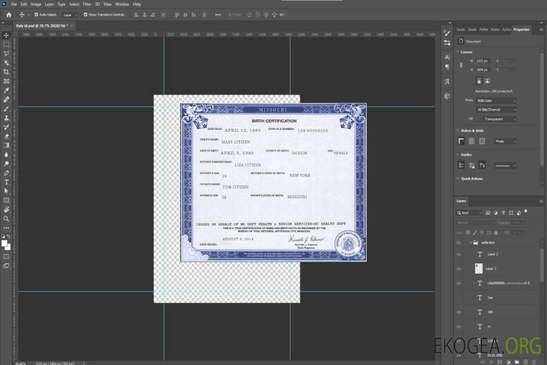 Modèle de certificat de naissance de l'État du Missouri aux États-Unis au format PSD template
